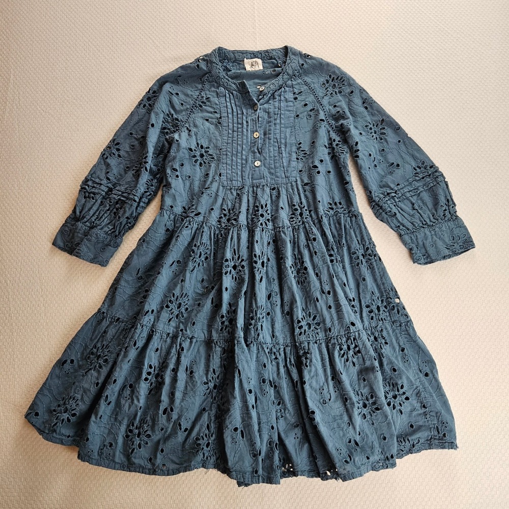 dRA Los Angeles Blue Eyelet Cotton Tiered Mini Dress S Cottage Peasant Boho